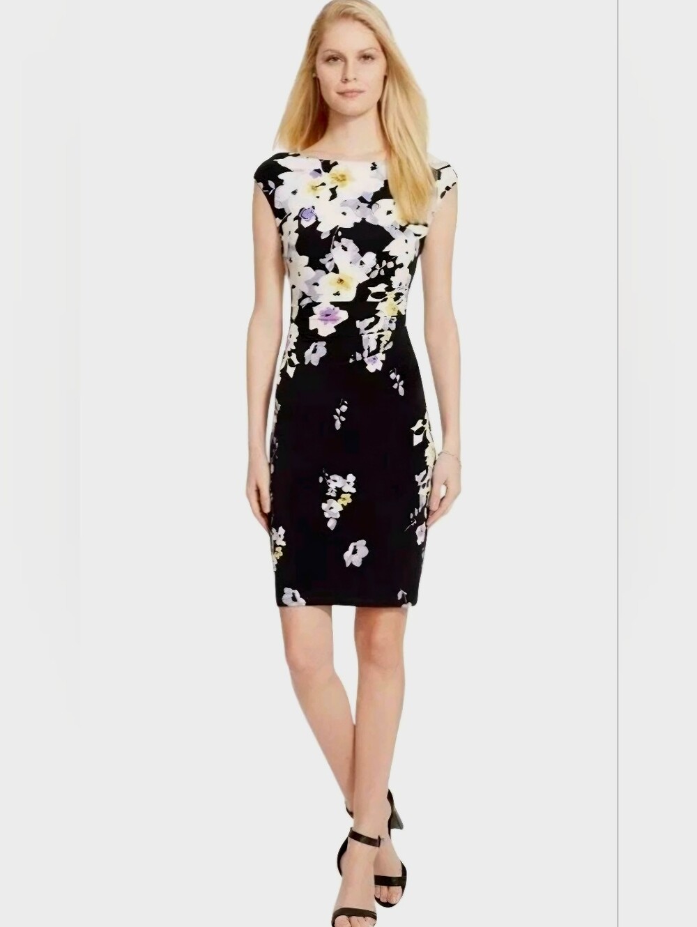 RALPH LAUREN Womens FLORAL PRINT Stretch Purple Black JERSEY DRESS NWT 12 14 L